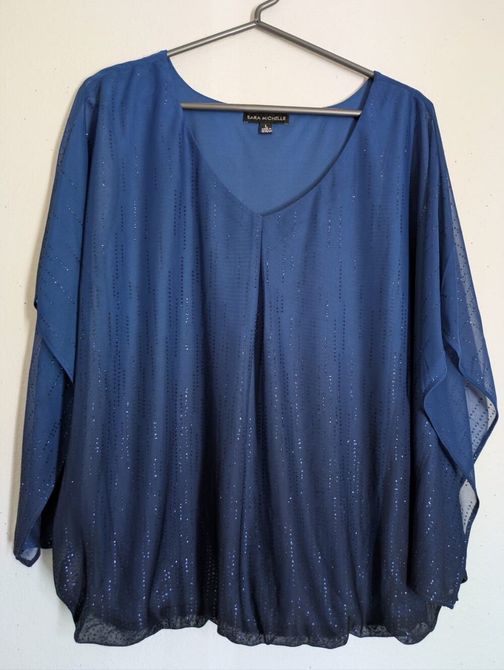 Sara Michelle Blue Ombre Shimmer Sparkle Blouse Top Large Flowy Cape Sleeve